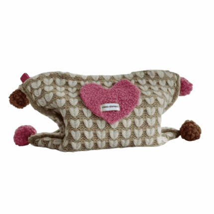 Beige Knitted Heart Tissue Box Cover with Pom Poms