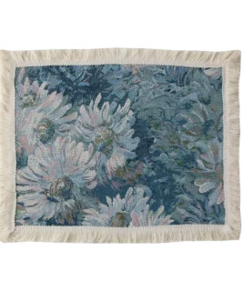 Blue Chrysanthemum Vintage Floral Tapestry Placemat with Fringe