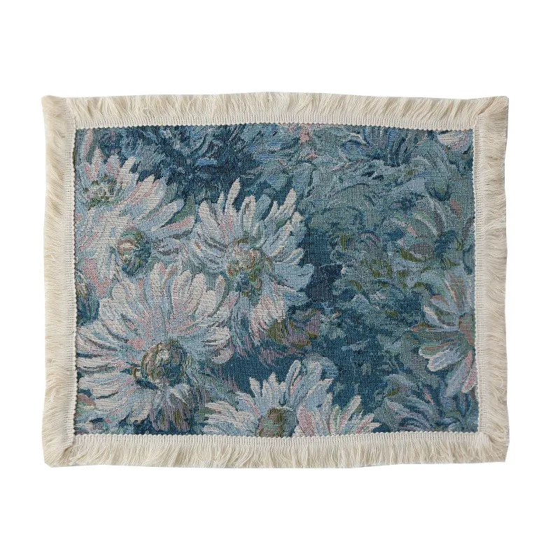 Blue Chrysanthemum Vintage Floral Tapestry Placemat with Fringe