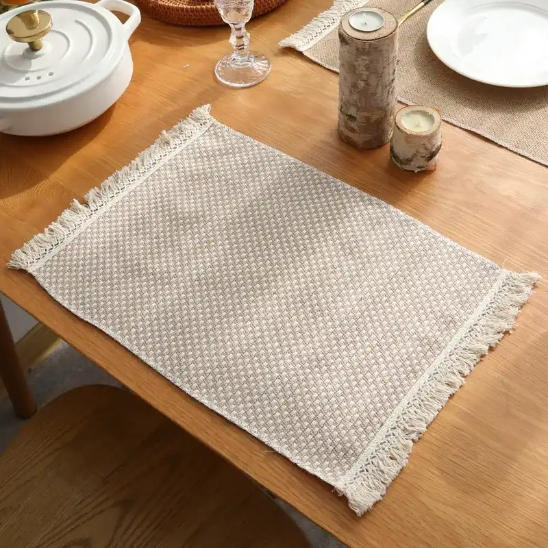 Fringed Neutral Beige Woven Placemat