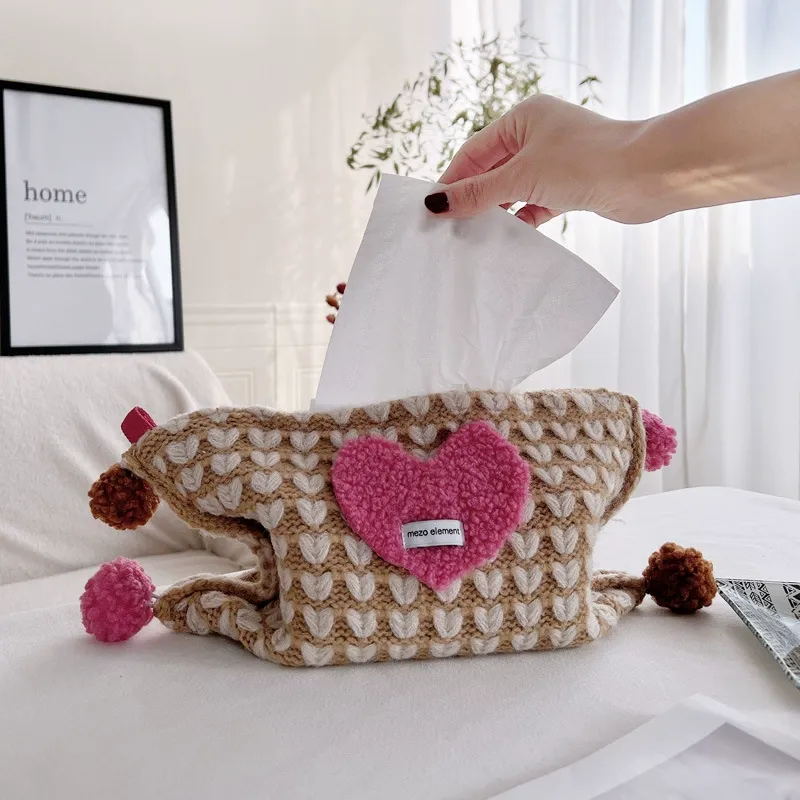 Knitted Heart Tissue Box Cover with Pom Poms