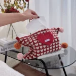 Knitted Heart Tissue Box Cover with Pom Poms