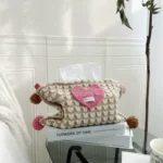 Knitted Heart Tissue Box Cover with Pom Poms
