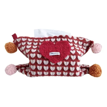 Red Knitted Heart Tissue Box Cover with Pom Poms