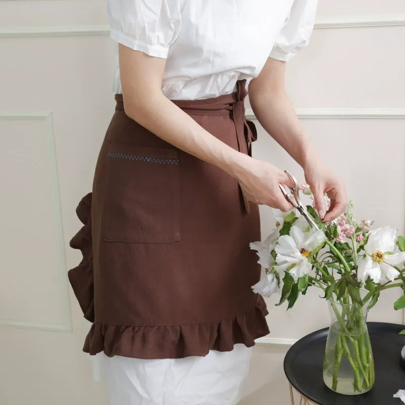 Brown Ruffled Pocket Half Apron