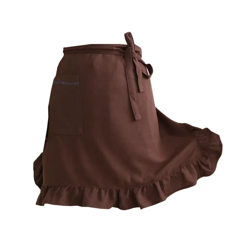 Brown Ruffled Pocket Half Apron