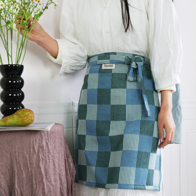 Striped Checkered Half Apron blue