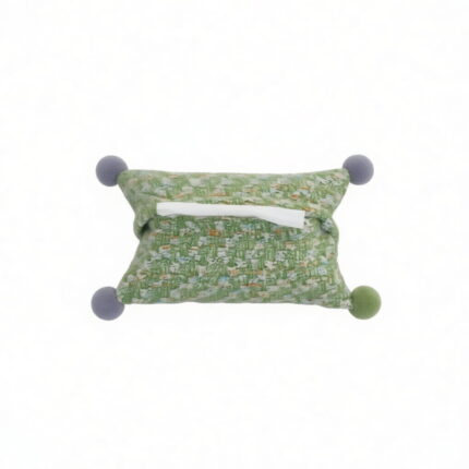 Tweed Bouclé Tissue Box Cover with Pom-Poms green