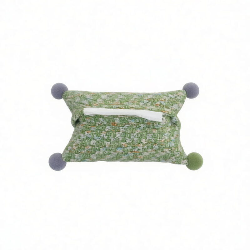 Tweed Bouclé Tissue Box Cover with Pom-Poms green