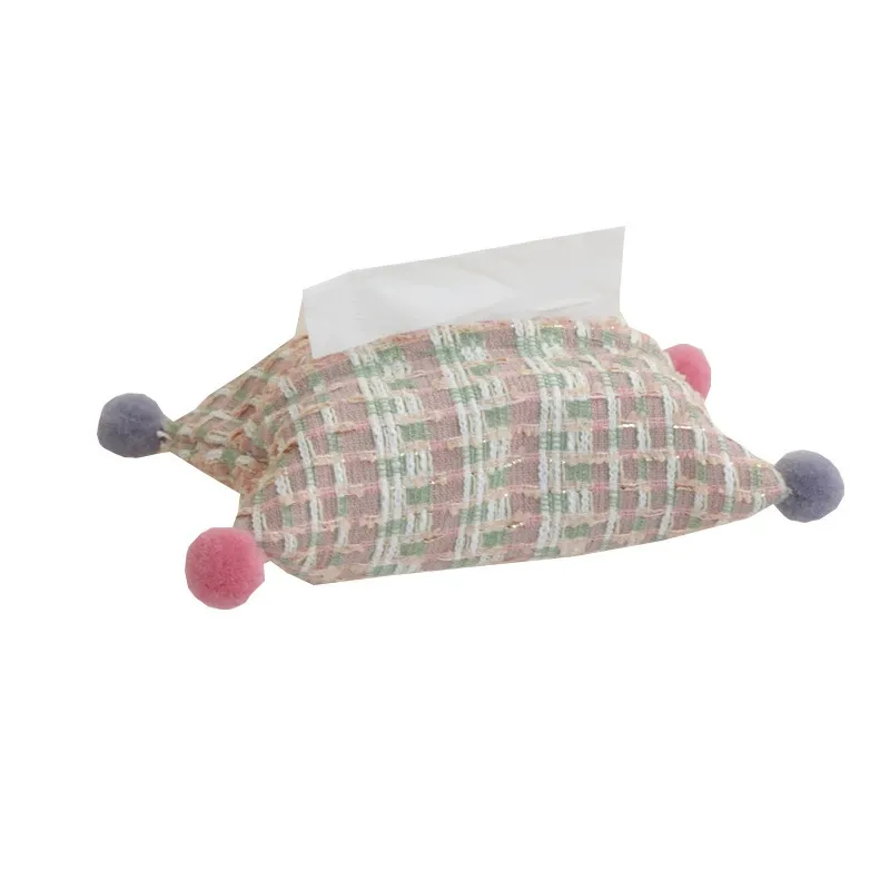 Tweed Bouclé Tissue Box Cover with Pom-Poms