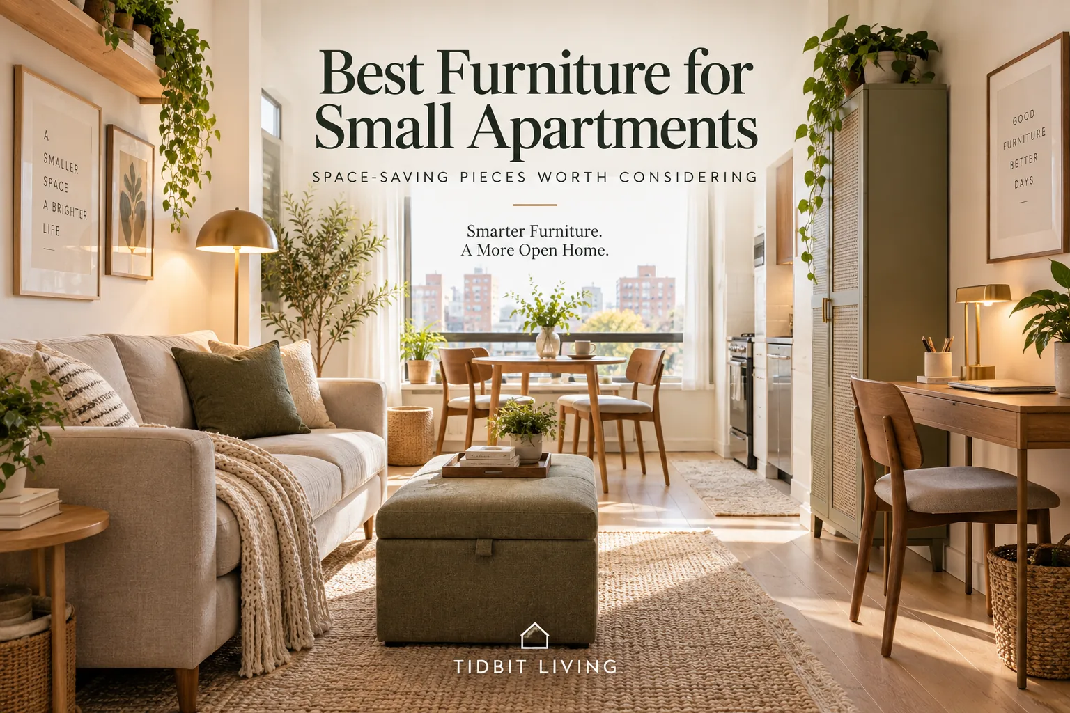 Best furniture for small apartments with compact sofa, storage ottoman, dining table and workspace in a bright small home