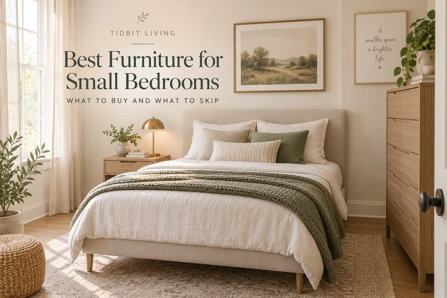Best furniture for small bedrooms with a slim bed frame, compact nightstand, and tall dresser in a bright small bedroom