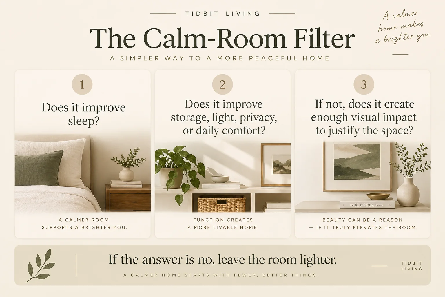Calm-room filter infographic asking whether a bedroom addition improves sleep, storage, light, privacy, daily comfort, or creates enough visual impact to justify the space