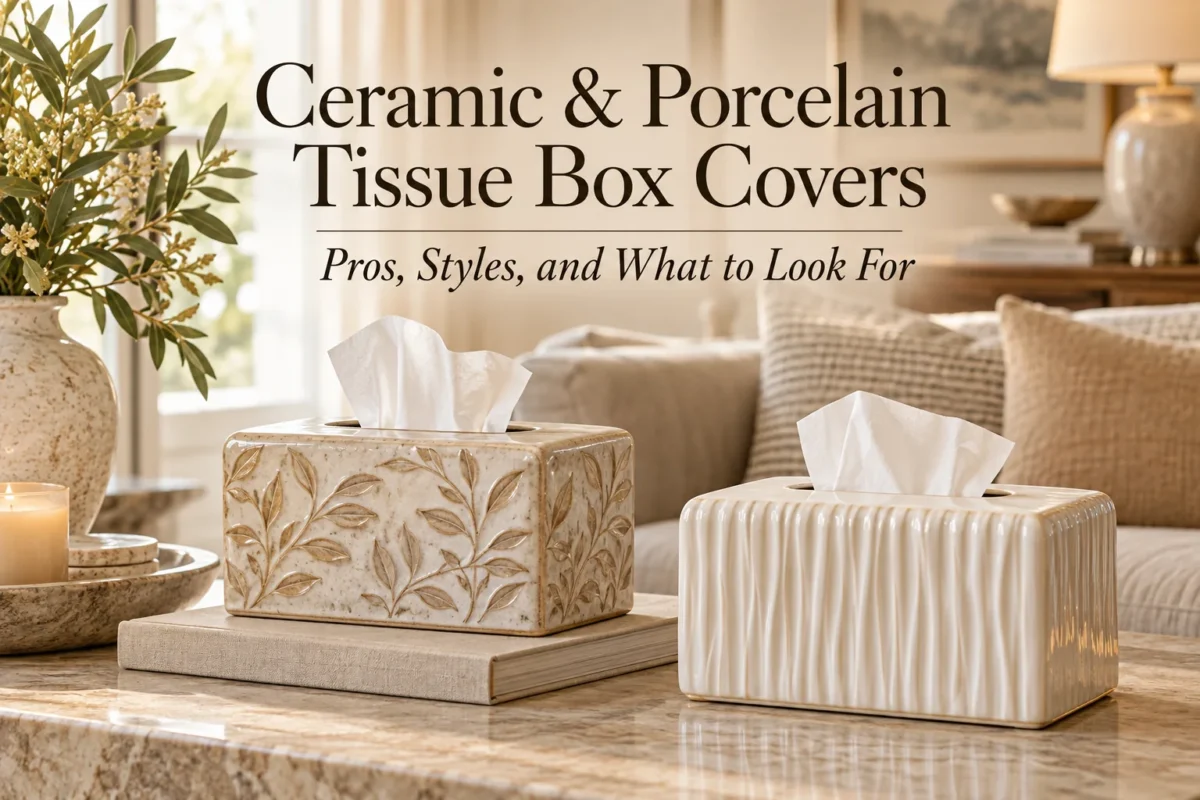 Ceramic and porcelain tissue box covers styled in a warm neutral living room with the article title