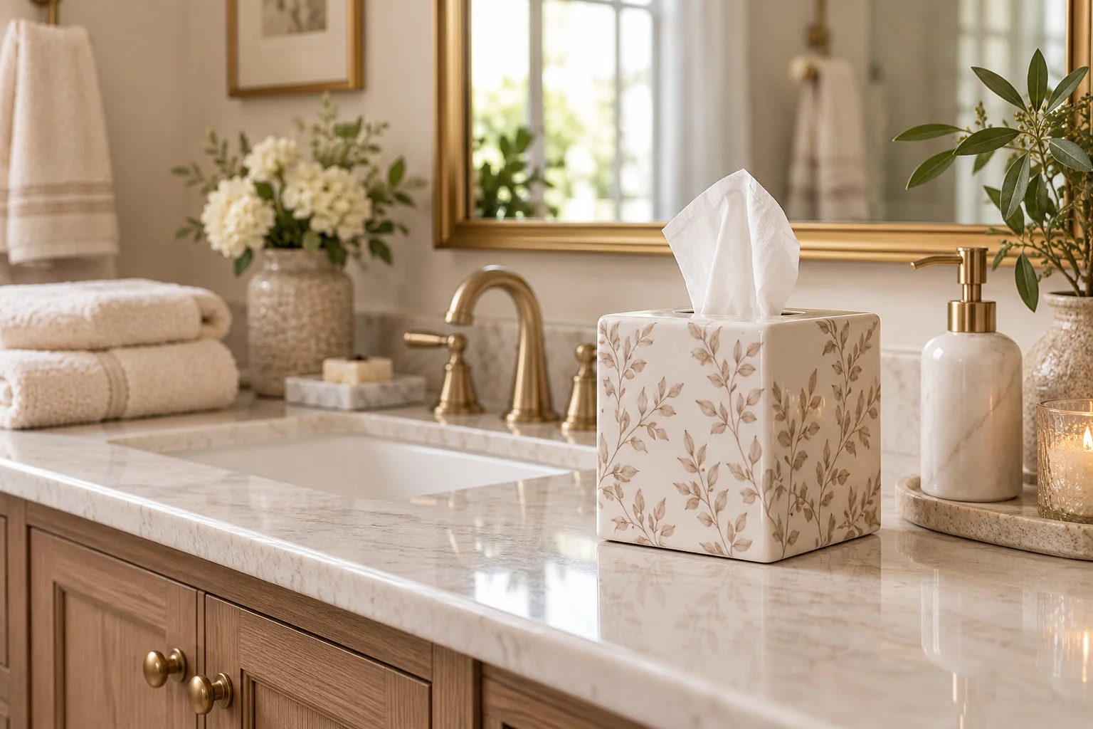 Ceramic tissue box cover styled on a bathroom vanity with warm brass fixtures, folded towels, and neutral decor