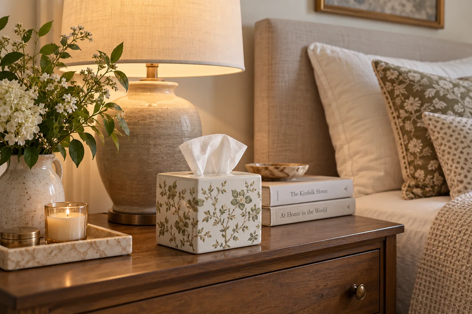 Ceramic tissue box cover styled on a bedroom nightstand beside a lamp, flowers, books, and layered bedding