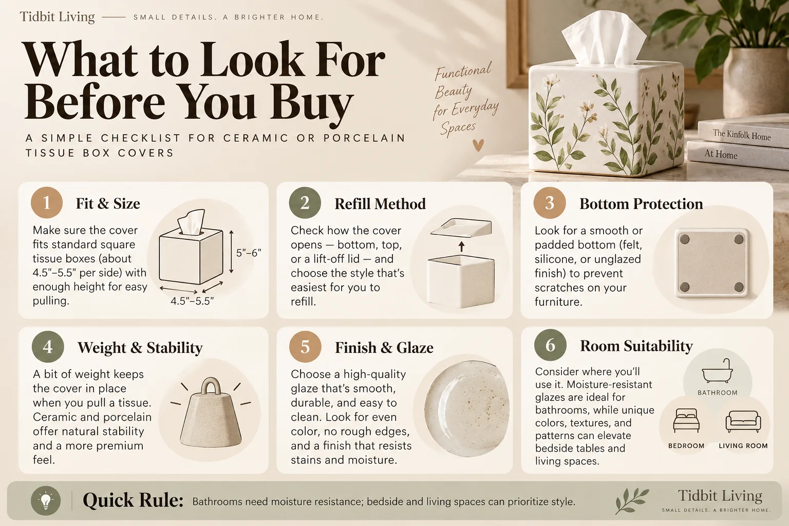 Ceramic or porcelain tissue box cover buying checklist for fit, refill method, base protection, stability, glaze, and room suitability
