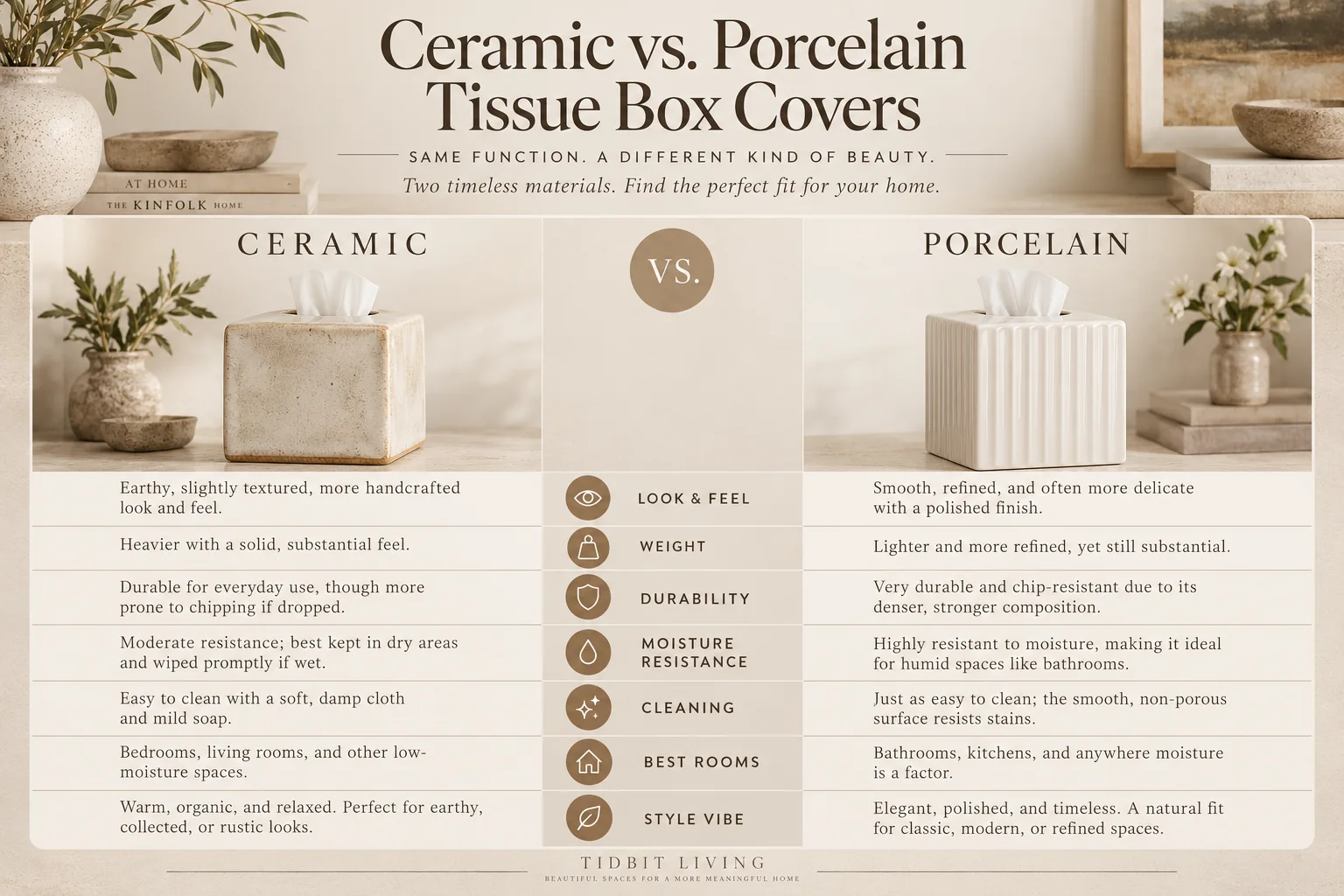Ceramic vs porcelain tissue box covers comparison showing look, weight, durability, moisture resistance, cleaning, best rooms, and style