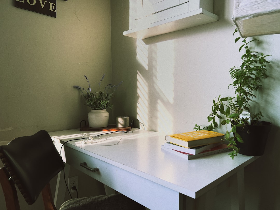 Compact organized home office desk in a small apartment