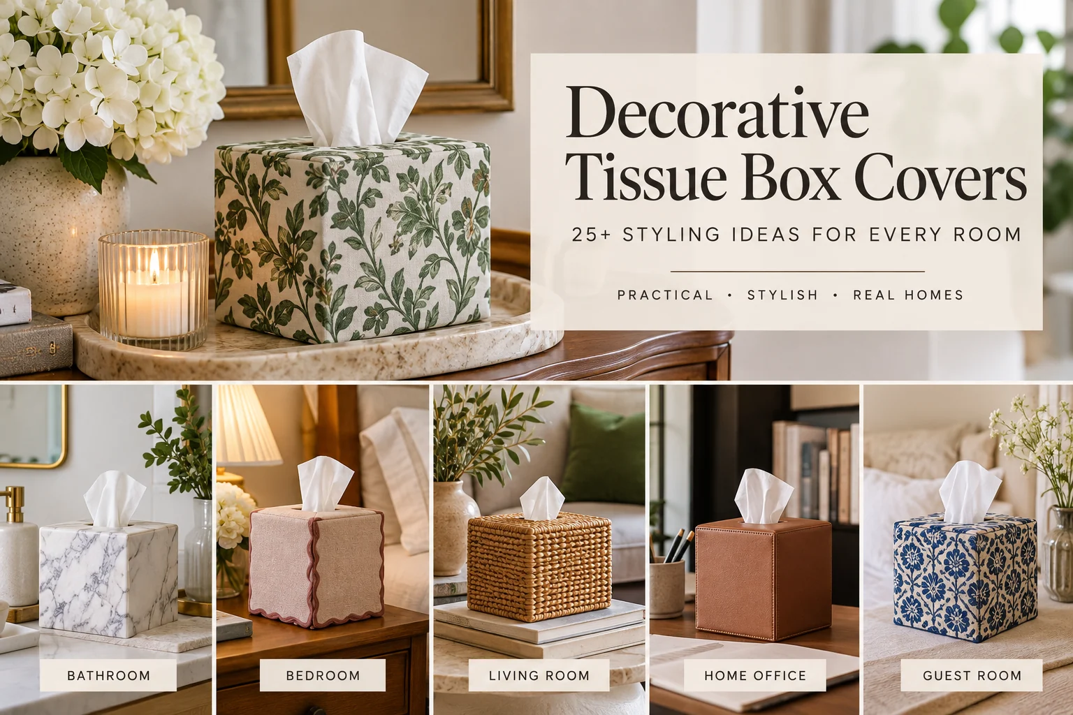 Decorative tissue box covers styled in a warm home with botanical, marble, woven, leather, and patterned designs