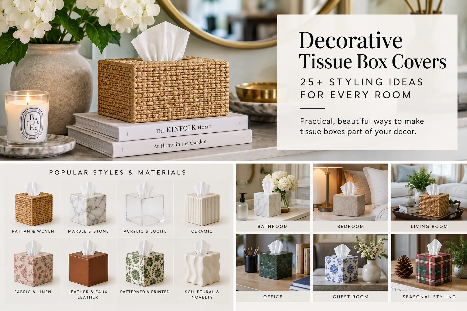 Decorative tissue box cover materials and room ideas including rattan, marble, acrylic, ceramic, fabric, leather, bathroom, bedroom, office, and guest room