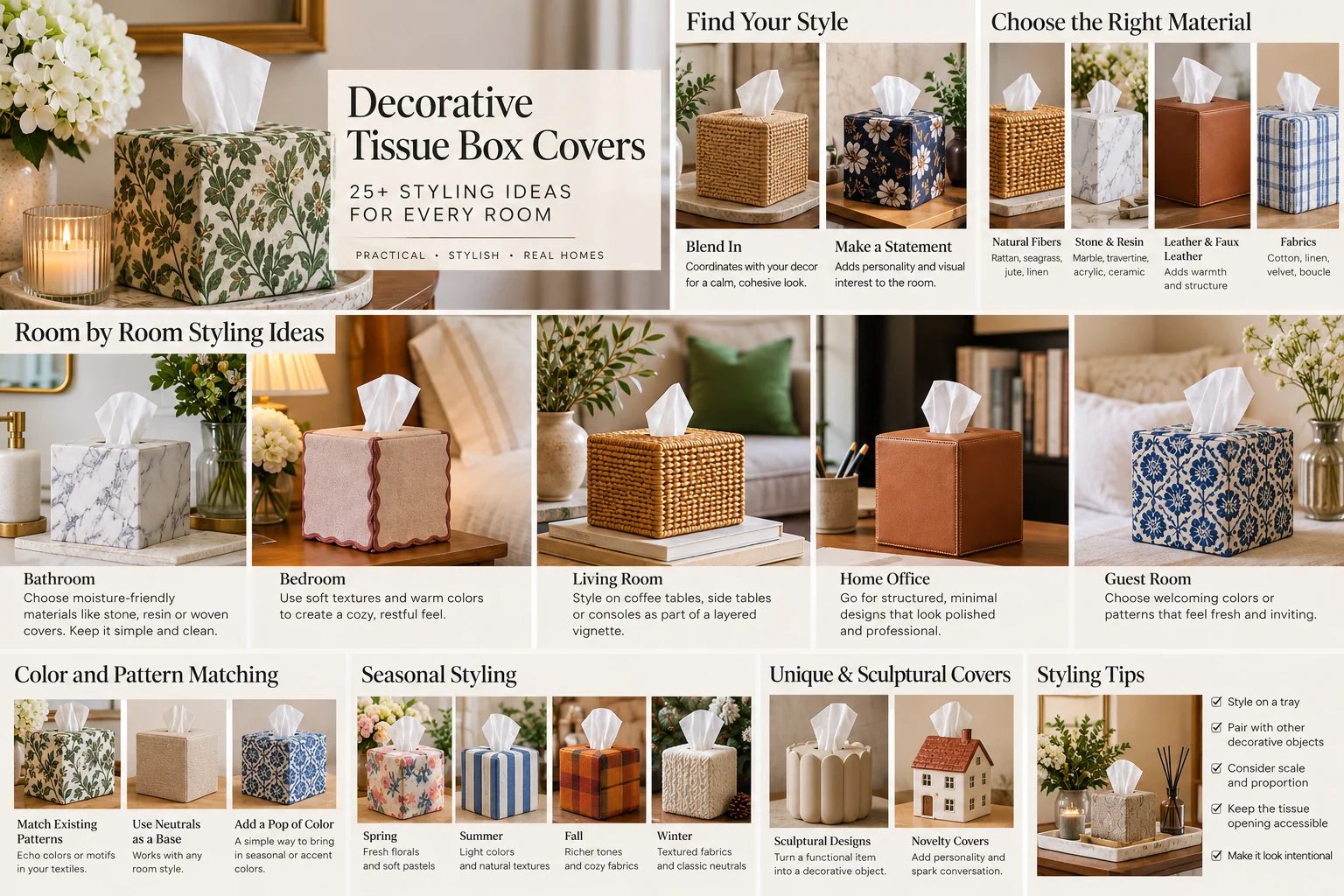 Decorative tissue box cover styling guide showing room-by-room ideas, materials, color matching, seasonal styling, and sculptural designs