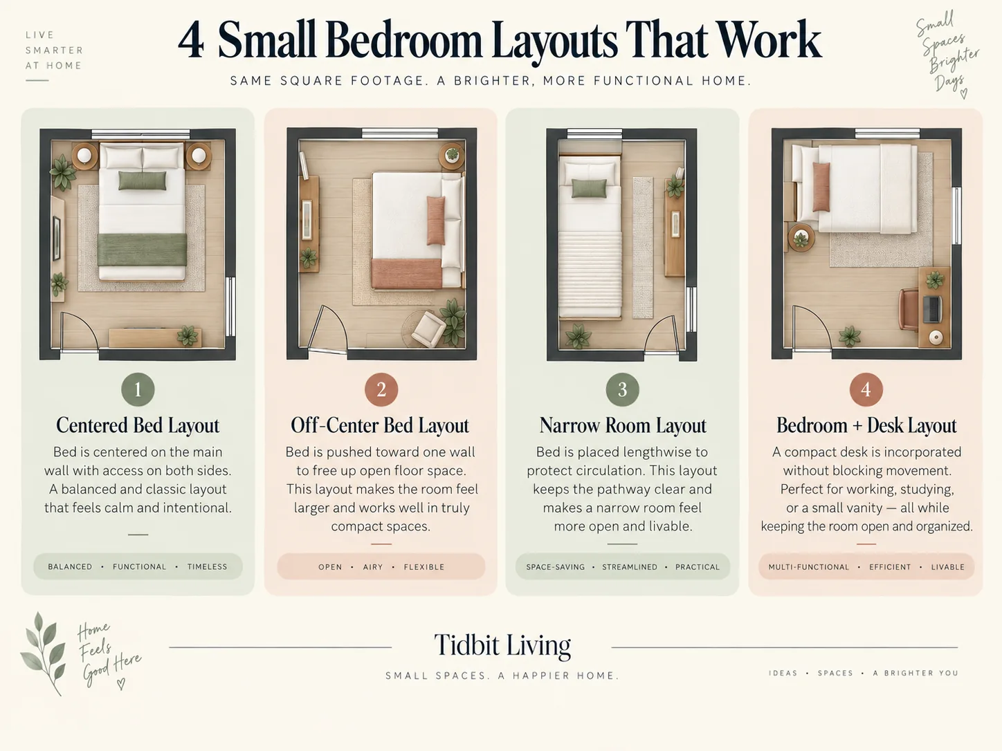 Four small bedroom layouts showing centered bed, off-center bed, narrow room and bedroom with desk arrangements