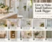 Bright small bathroom with large mirror, glass shower, light tile, warm wood vanity, and brass fixtures designed to feel more spacious
