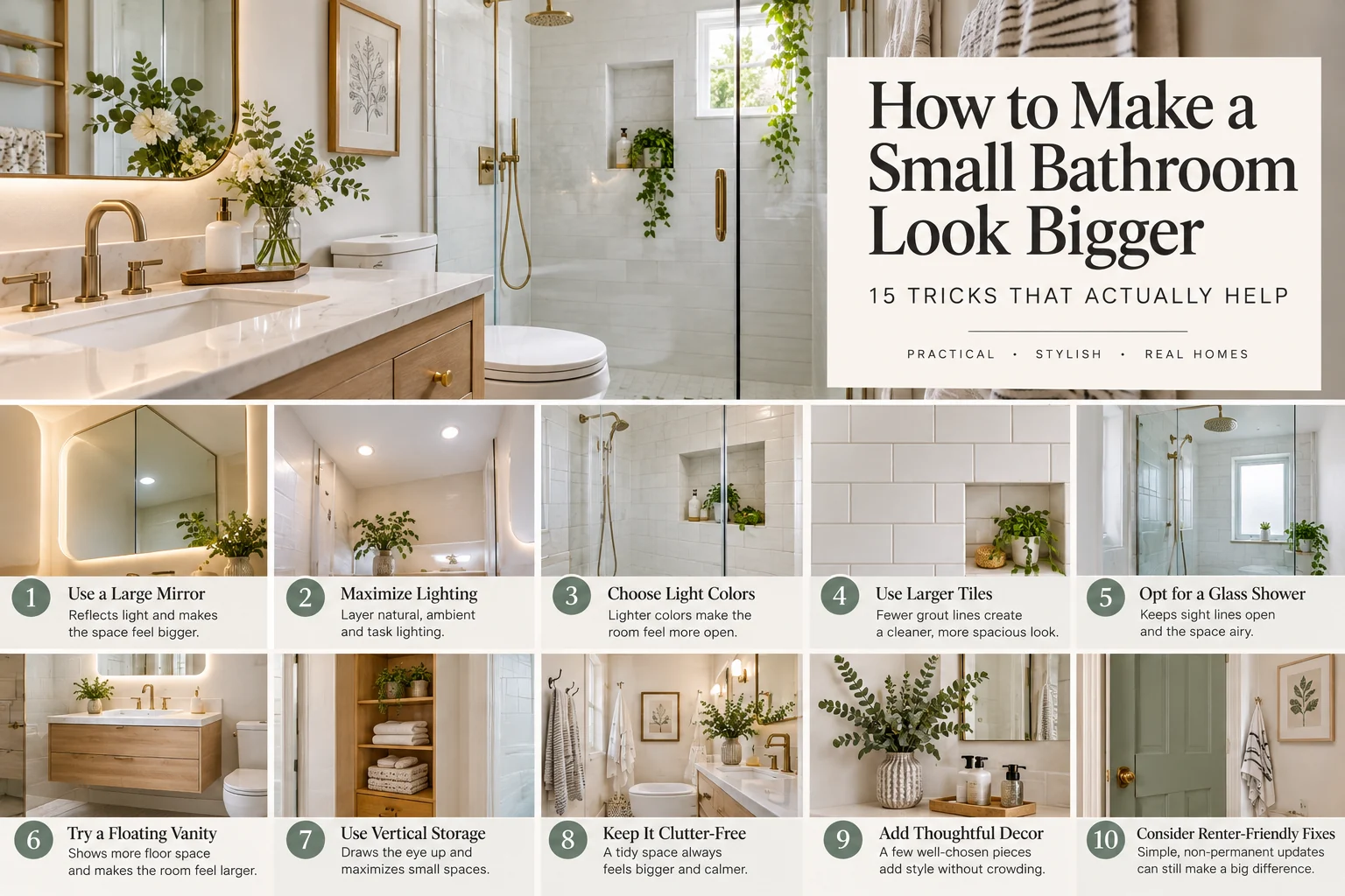 Bright small bathroom with large mirror, glass shower, light tile, warm wood vanity, and brass fixtures designed to feel more spacious