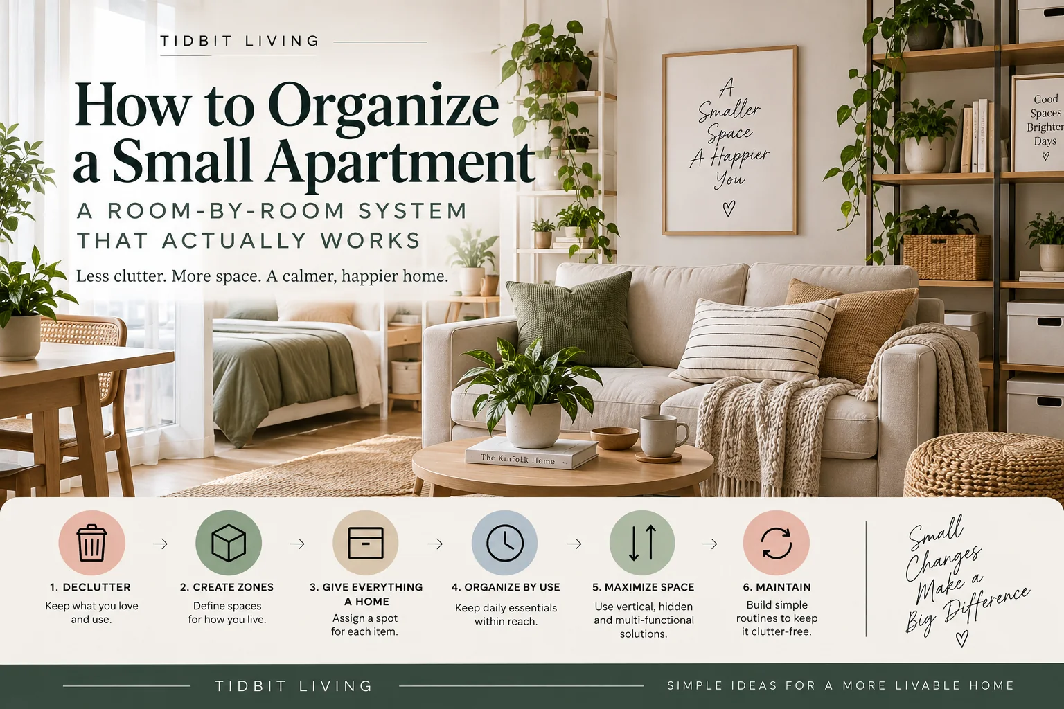 How to organize a small apartment room-by-room with practical zones and storage