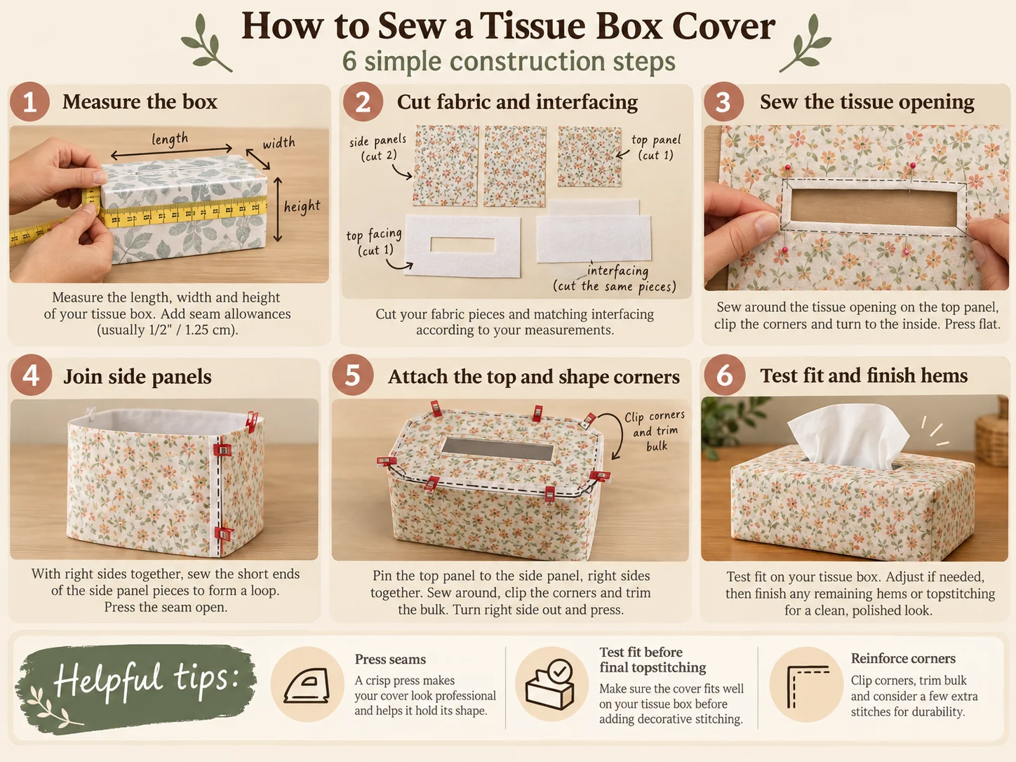 Six-step illustrated guide showing how to measure, cut, sew, assemble, test fit, and finish a fabric tissue box cover