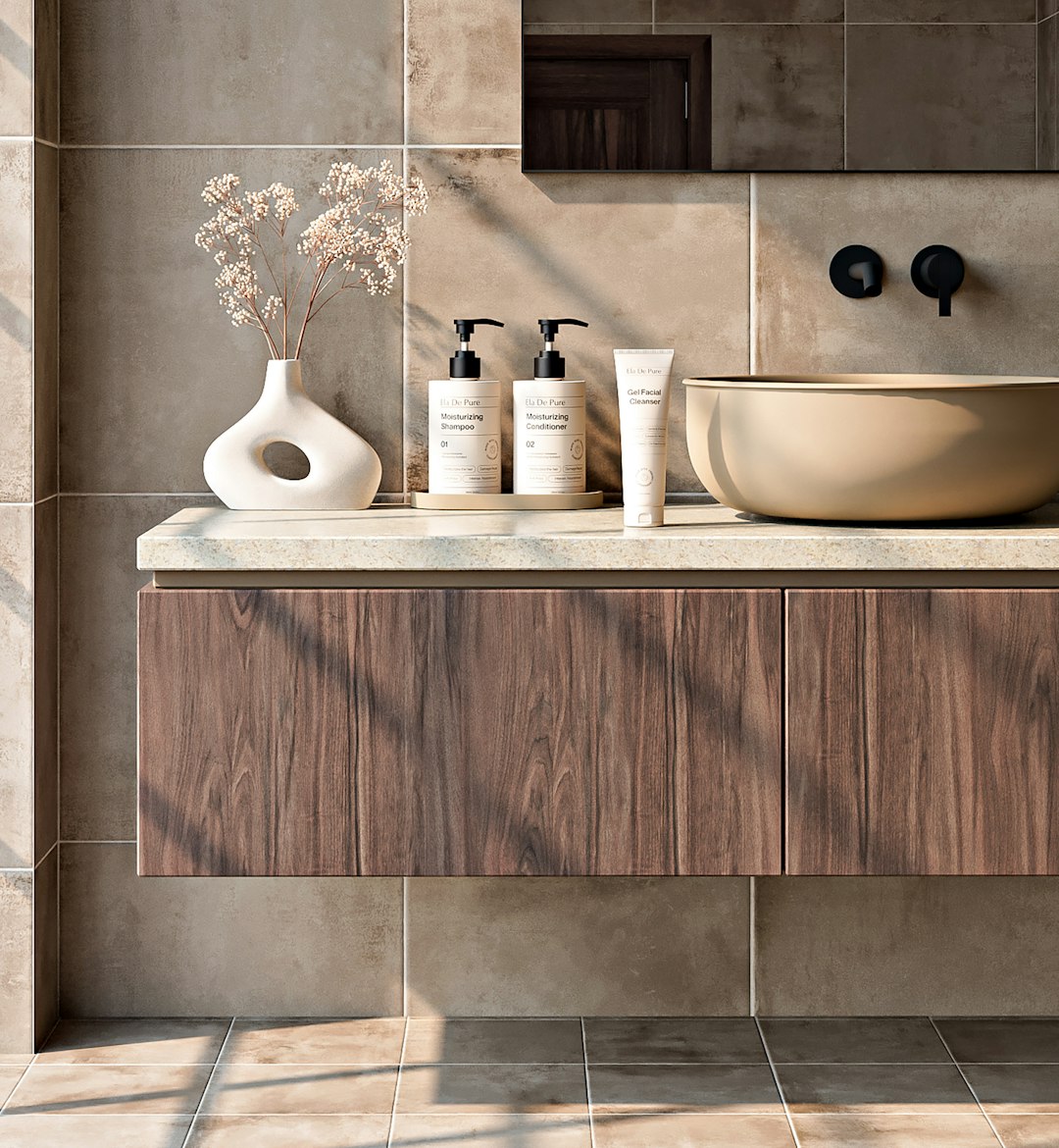 Modern neutral bathroom vanity with sink, mirror, and everyday accessories