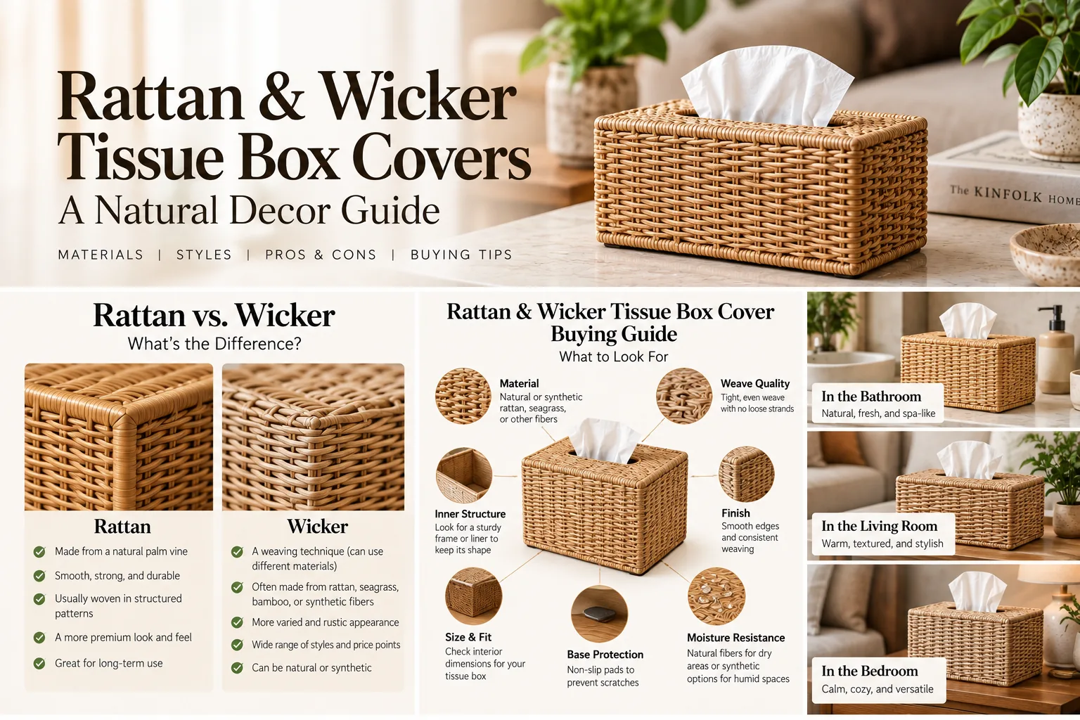 Rattan vs wicker tissue box cover comparison showing material and weave differences