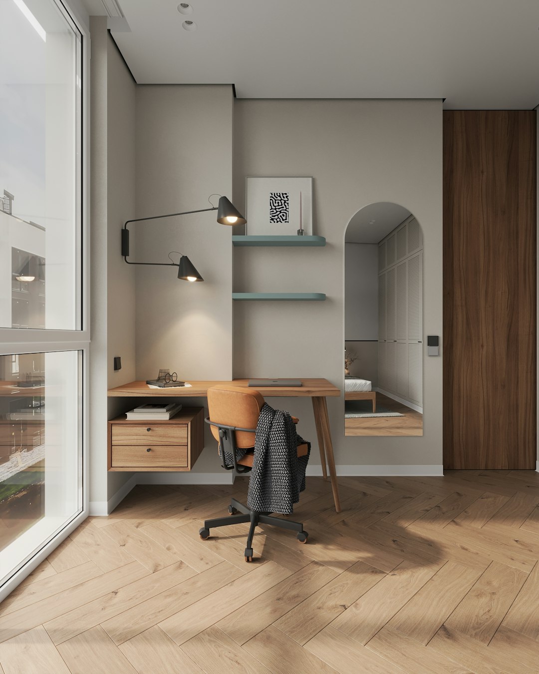 Small apartment desk and chair arranged as a compact work zone