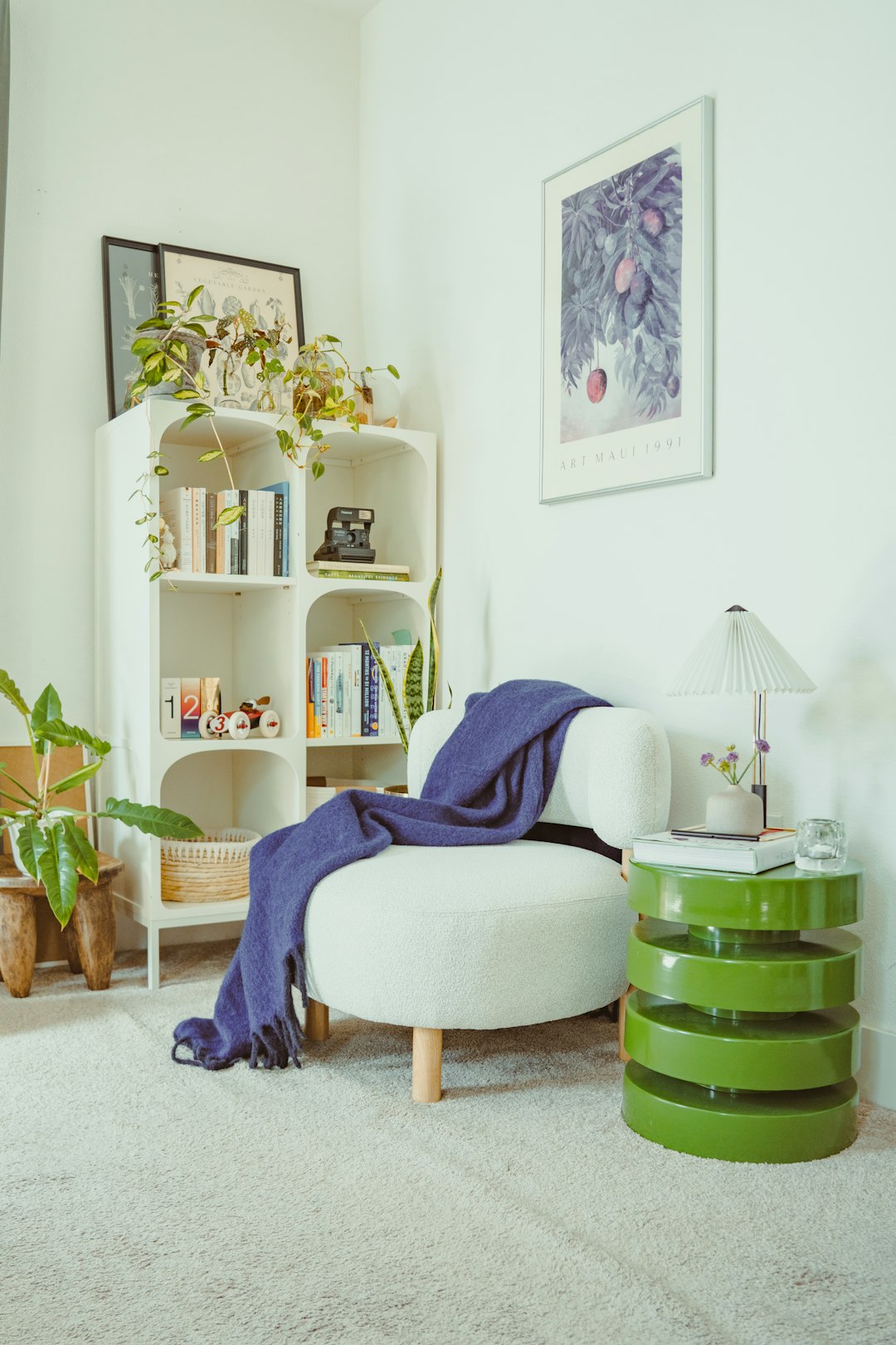 Small apartment living room with bookshelf showing vertical storage and compact furniture