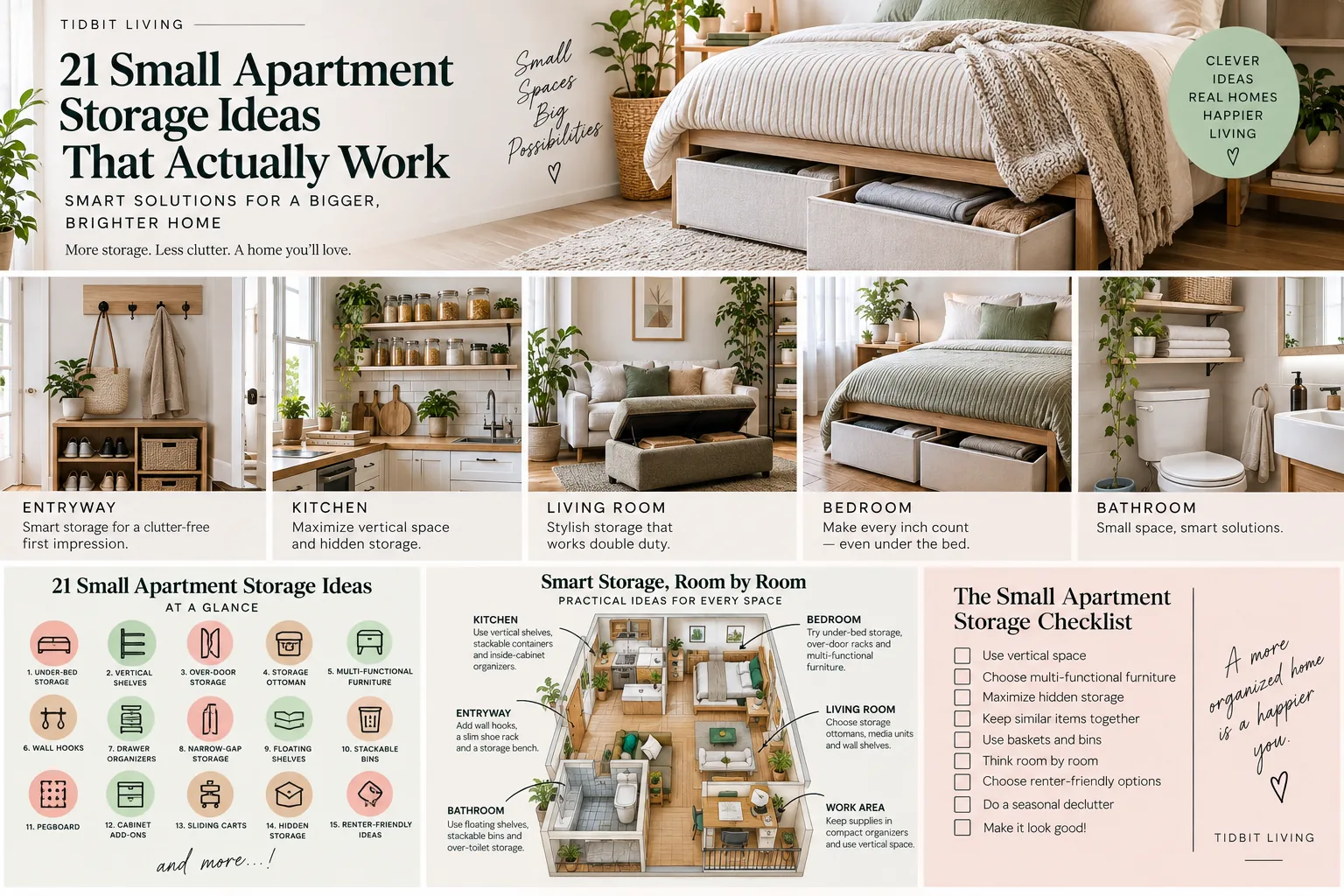 small apartment storage room by room
