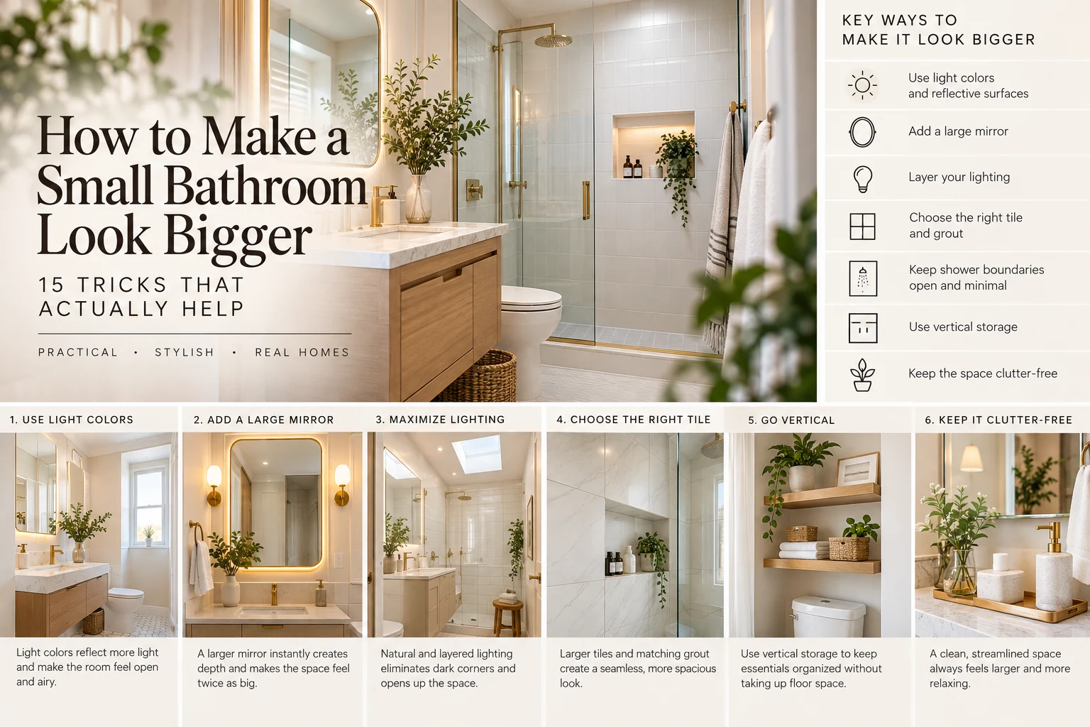 Small bathroom design tips showing light colors, a large mirror, layered lighting, cohesive tile, vertical storage, and a clutter-free layout