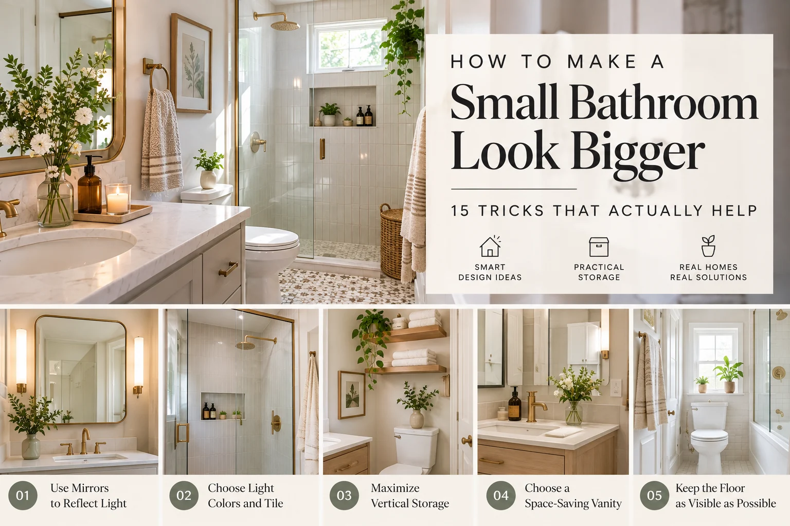 Small bathroom space-saving ideas with mirrors, light tile, vertical storage, a compact vanity, and visible floor space