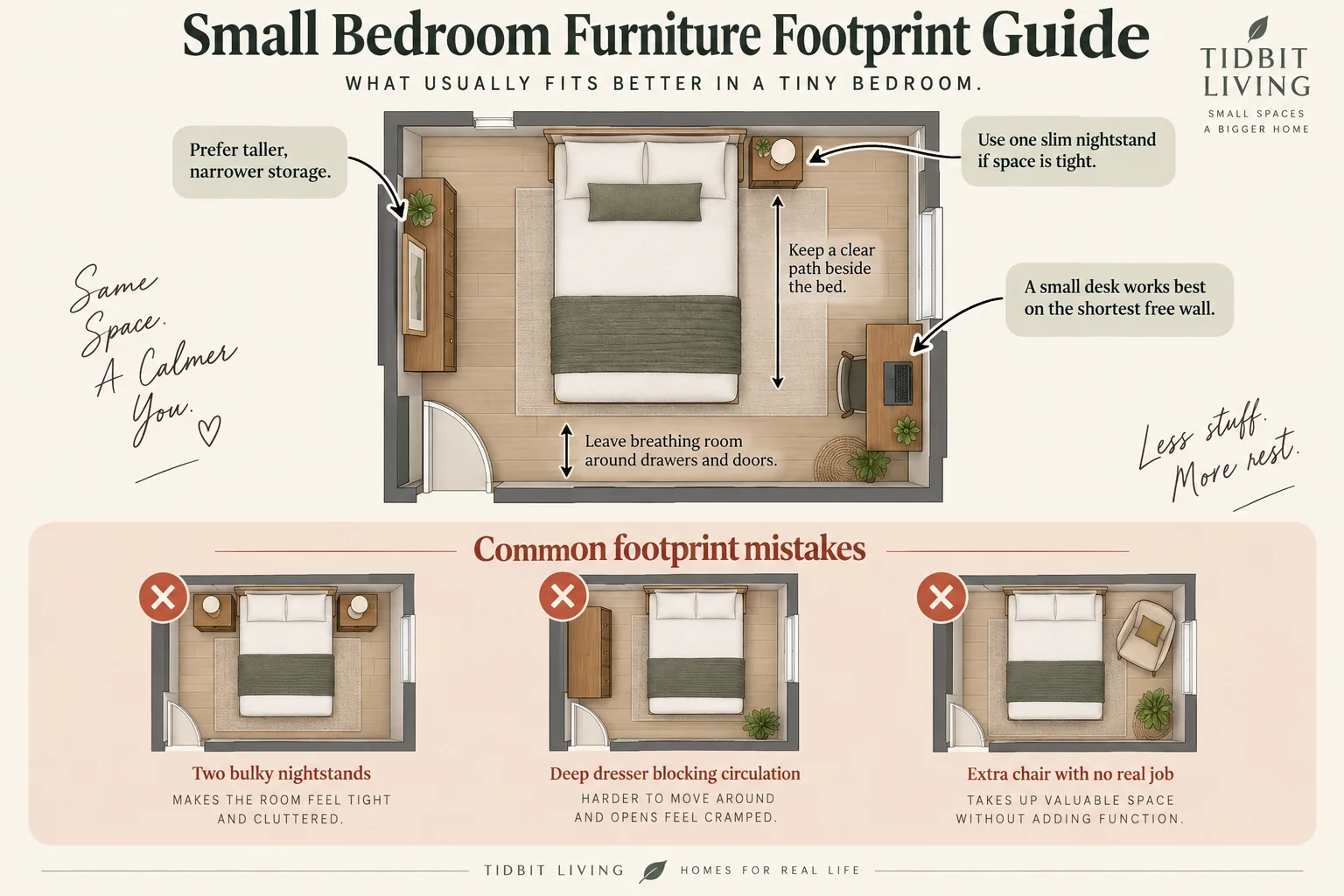 Small bedroom furniture footprint guide showing bed placement, clear walking paths, tall narrow storage, a slim nightstand, compact desk, and common layout mistakes