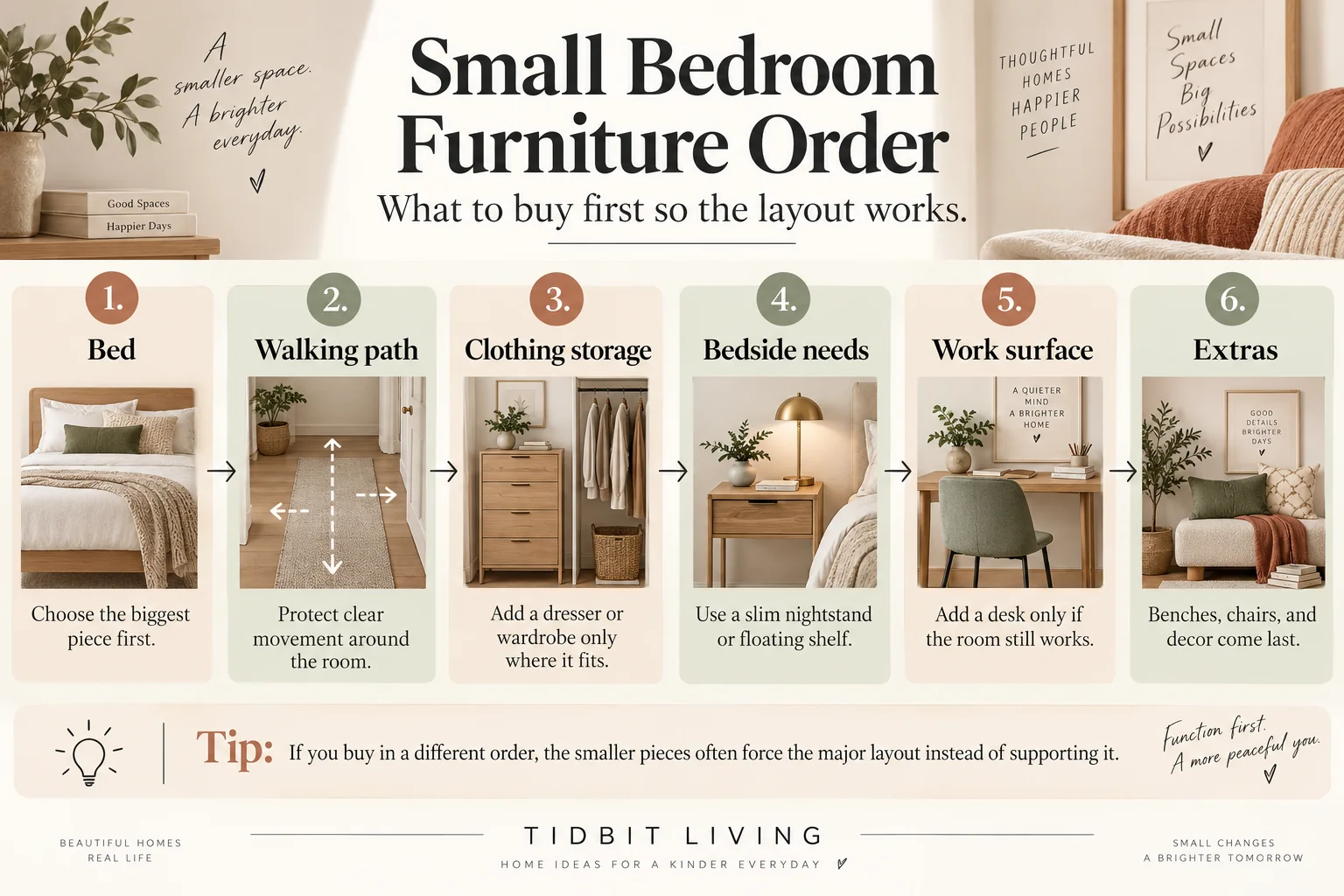 Small bedroom furniture order infographic showing bed, walking path, clothing storage, bedside needs, work surface, and extras in priority order