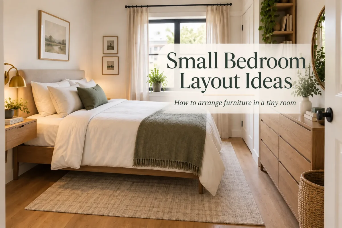 Small bedroom layout ideas with a queen bed, dresser, window and clear walking space