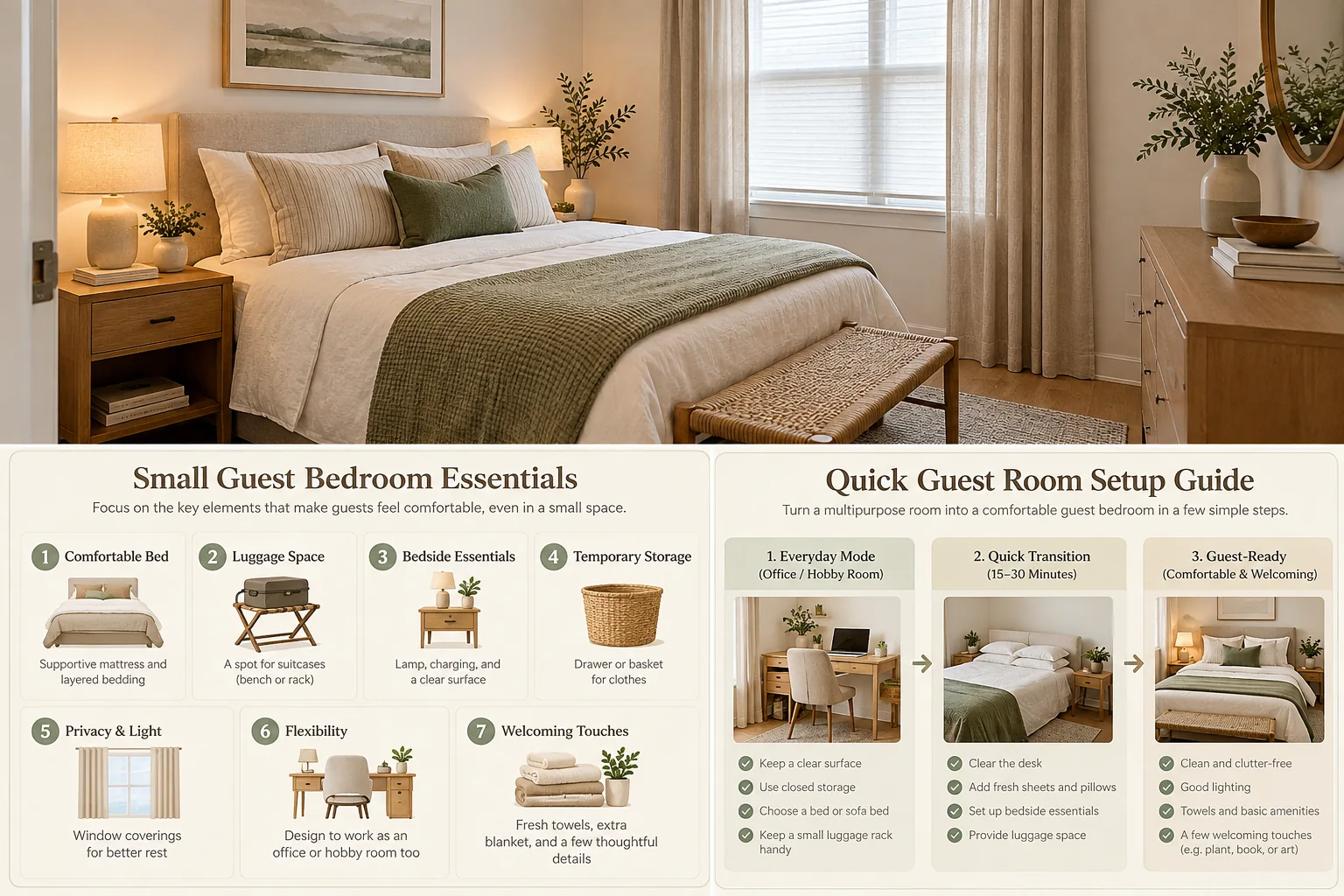 Flexible-use small guest bedroom guide showing how a guest room can also work as an office or hobby room while staying guest-ready