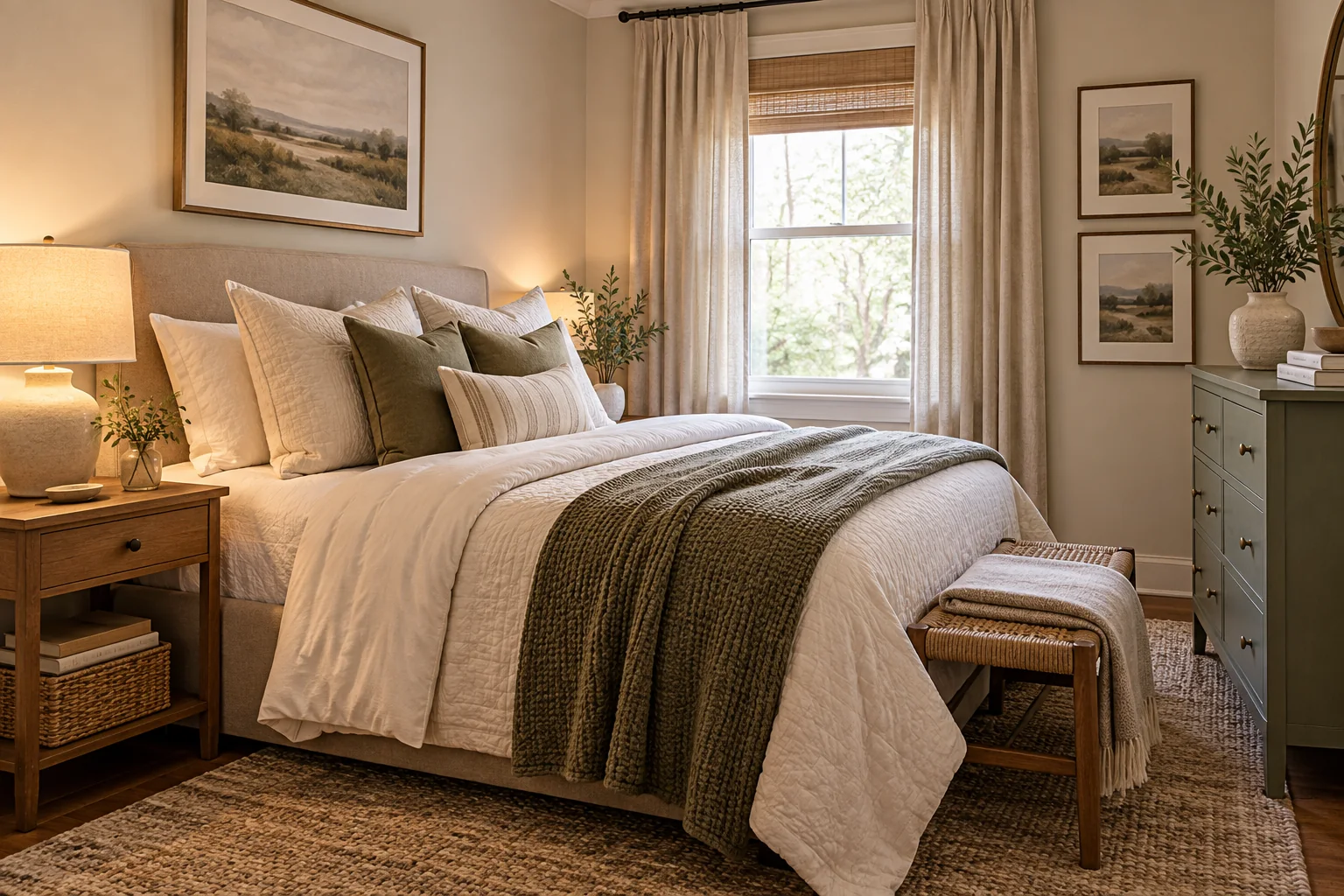 Warm small guest bedroom with layered neutral bedding, bedside lighting, dresser, bench, curtains, and natural wood accents