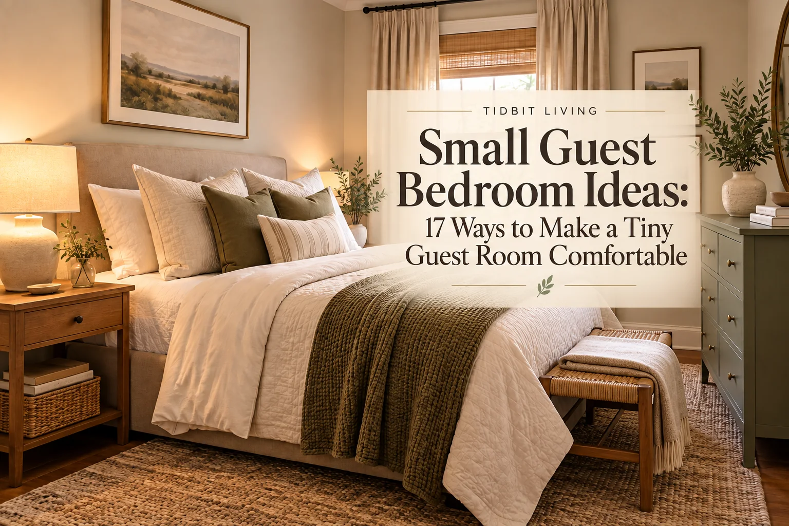 Small guest bedroom ideas featuring a warm compact guest room with the title 17 Ways to Make a Tiny Guest Room Comfortable