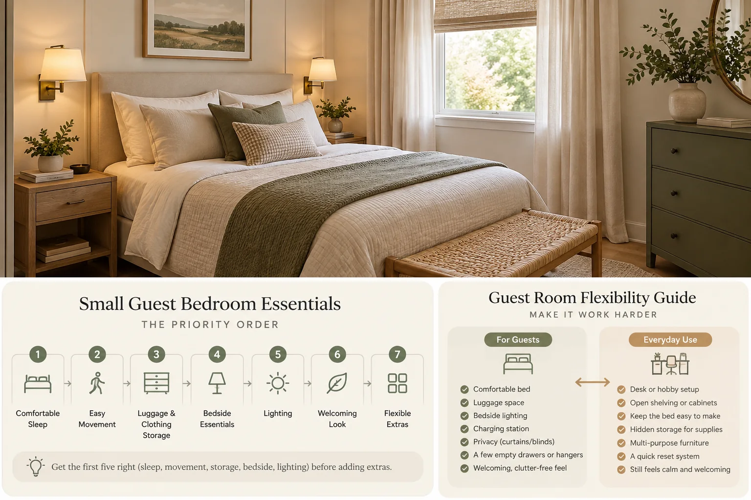 Small guest bedroom visual guide showing a comfortable guest room plus essential priorities and flexible-use ideas