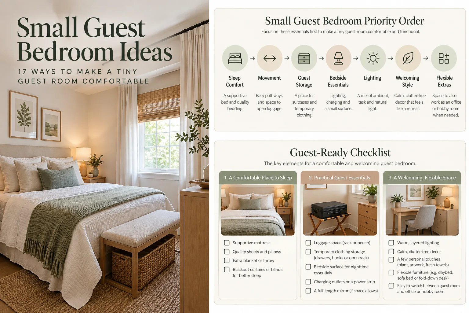 Small guest bedroom priority order and guest-ready checklist covering sleep, movement, storage, bedside essentials, lighting, privacy, and flexible use