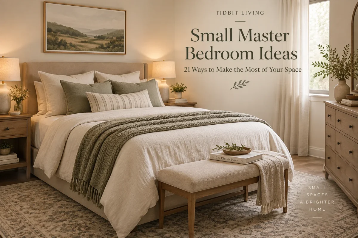 Small master bedroom with layered neutral bedding, bedside tables, warm lighting, full-length curtains, dresser, mirror, and a compact bench