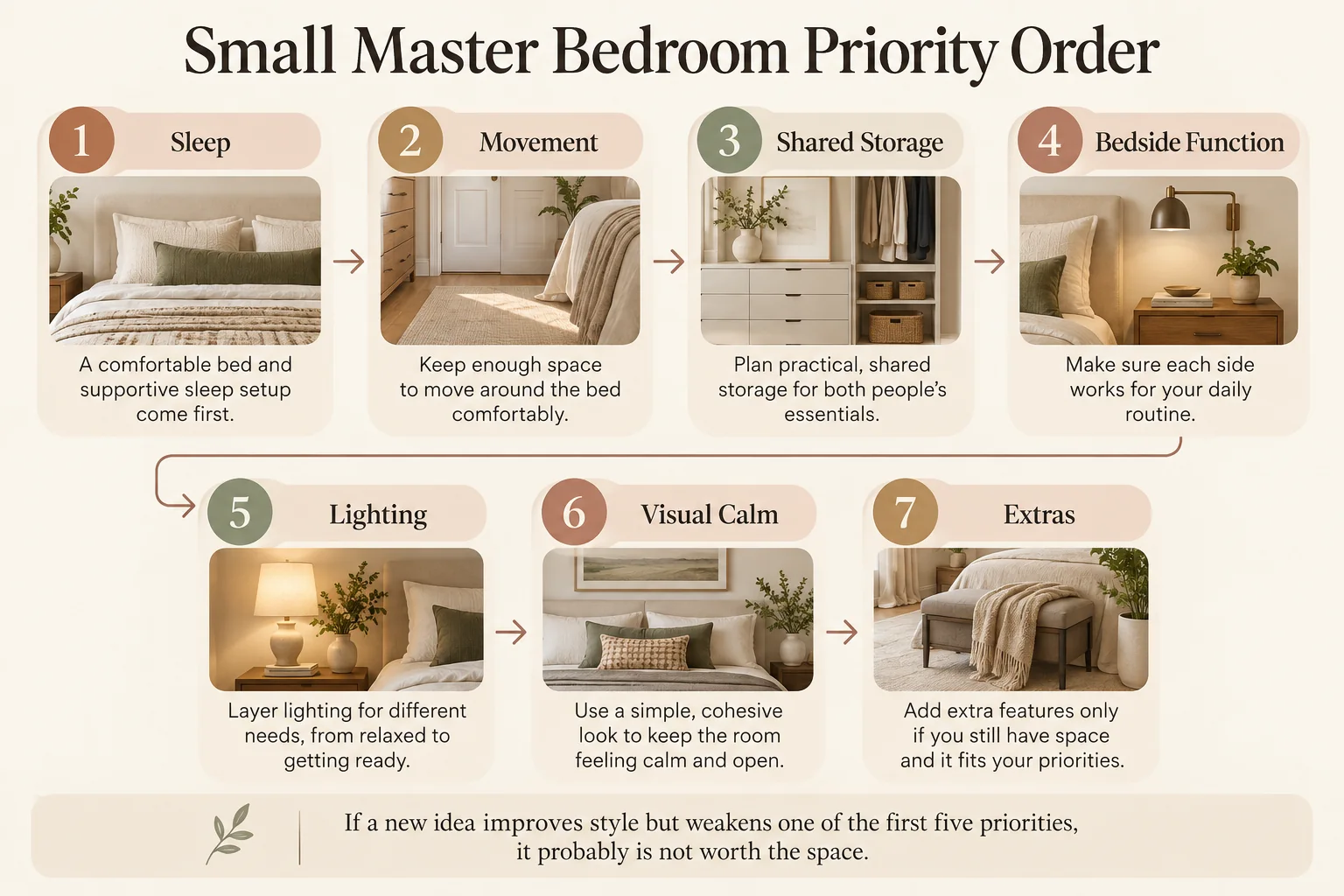 Small master bedroom priority order infographic showing sleep, movement, shared storage, bedside function, lighting, visual calm, and extras