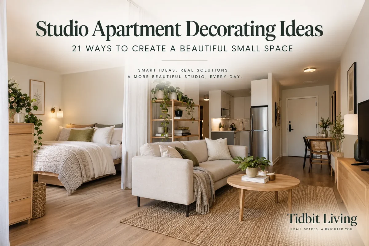 Beautiful studio apartment with defined sleeping, living, dining and kitchen zones illustrating studio apartment decorating ideas