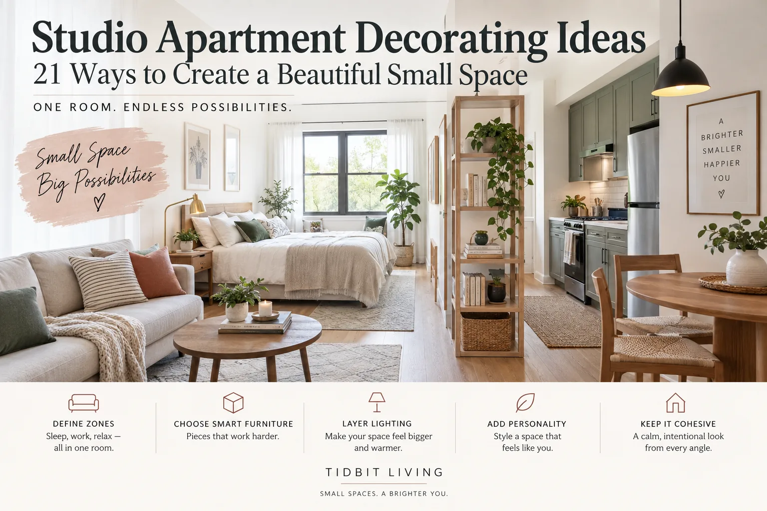 Studio apartment decorating zones infographic showing sleeping, living, dining and kitchen areas in one small space